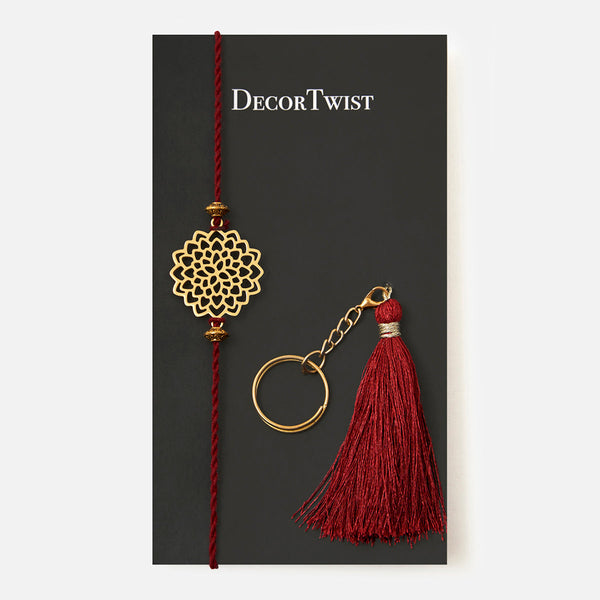 Brass Rakhi for Brothers | Keychain | Lotus Design | Gold & Red