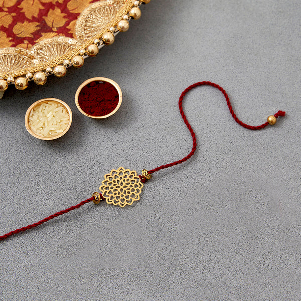 Brass Rakhi for Brothers | Keychain | Lotus Design | Gold & Red