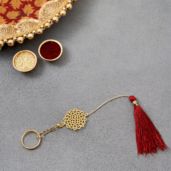 Brass Rakhi for Brothers | Keychain | Lotus Design | Gold & Red