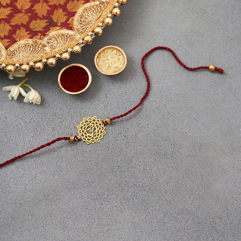 Brass Rakhi for Brothers | Keychain | Om Design Design | Gold & Red