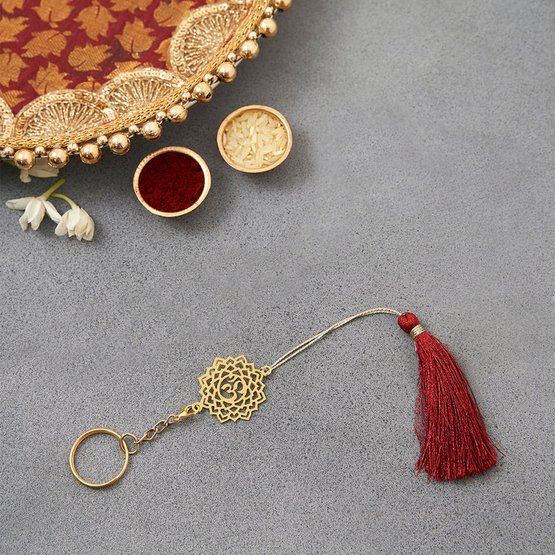 Brass Rakhi for Brothers | Keychain | Om Design Design | Gold & Red