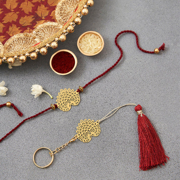 Brass Rakhi for Brothers | Keychain | Peacock Design | Gold & Red