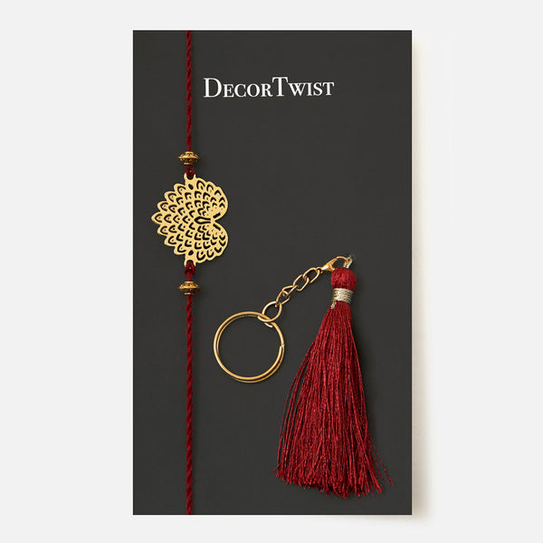 Brass Rakhi for Brothers | Keychain | Peacock Design | Gold & Red