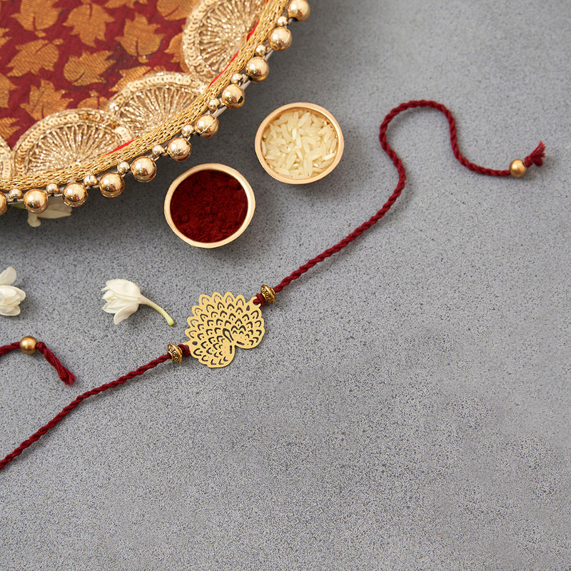 Brass Rakhi for Brothers | Keychain | Peacock Design | Gold & Red