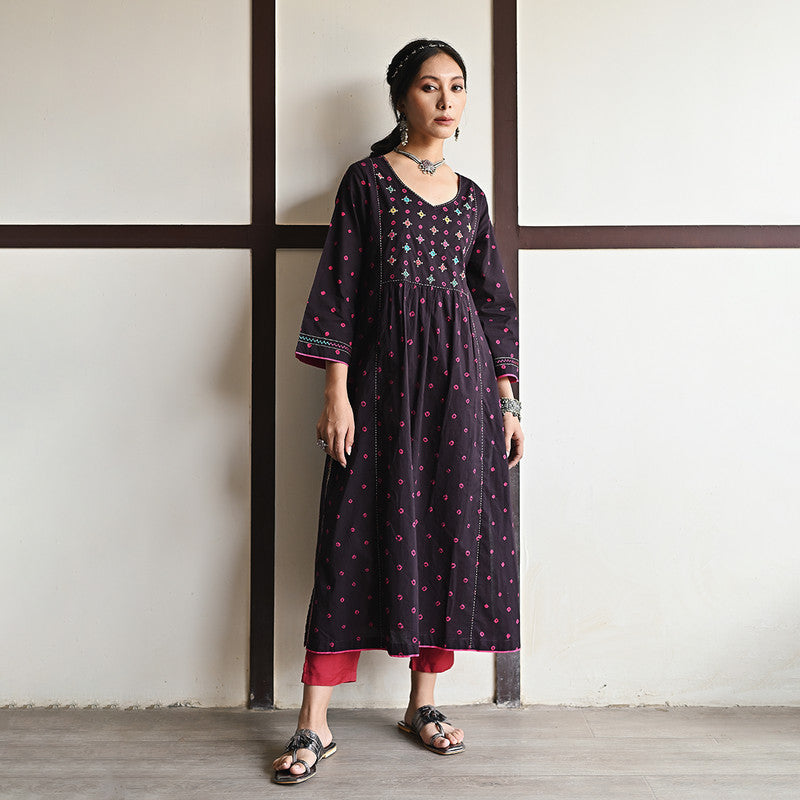 Cotton Bandhani Kurta for Women | Black | Hand Embroidered