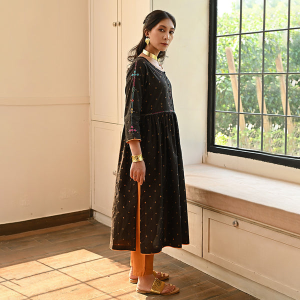 Cotton Flared Kurta for Women | Black | Bandhej & Embroidered Work