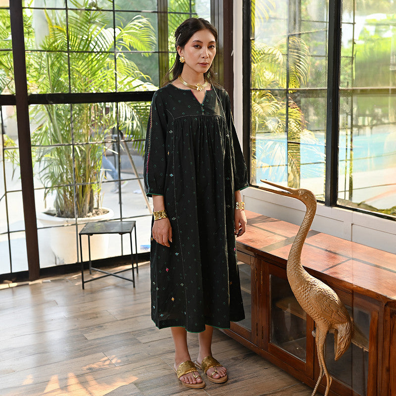 Cotton Bandhani Dress for Women | Black | Puff Sleeves