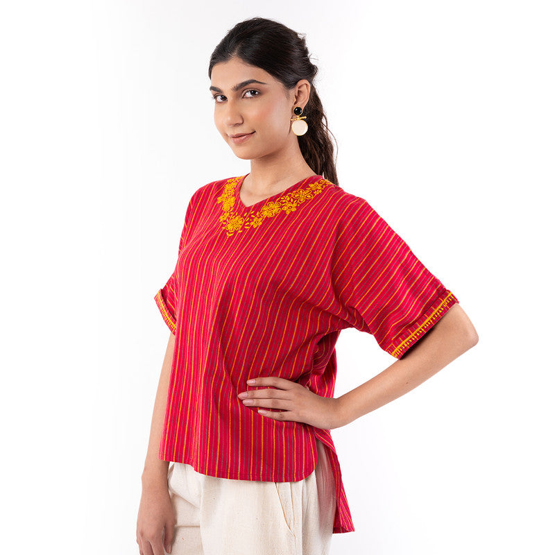 Cotton Chikankari Top for Women | Boxy | Red