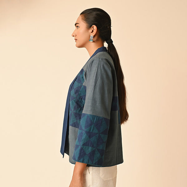 Cotton Front Open Jacket for Women | Grey & Blue | Patchwork