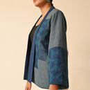 Cotton Front Open Jacket for Women | Grey & Blue | Patchwork