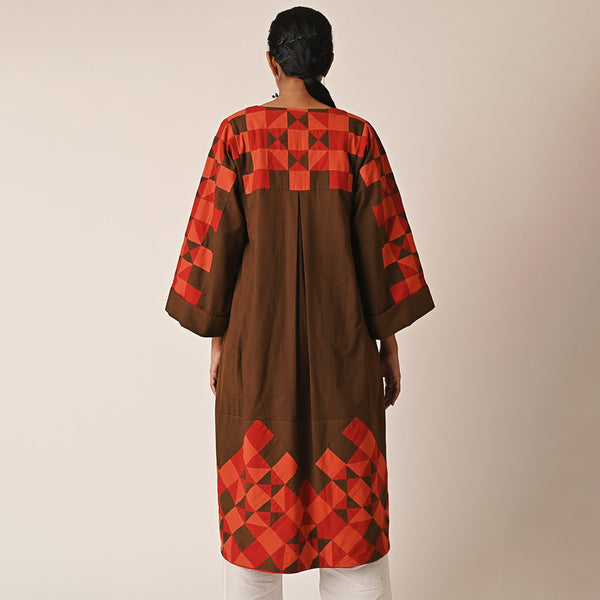 Cotton Long Jacket for Women | Brown | Patchwork