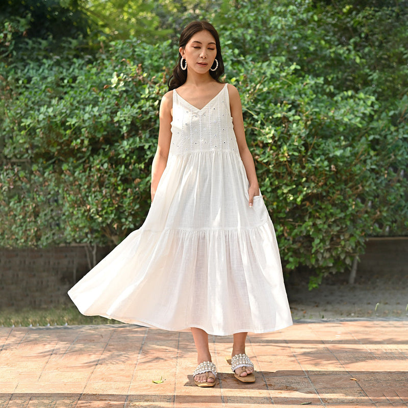 Cotton Tiered Dress for Women | White