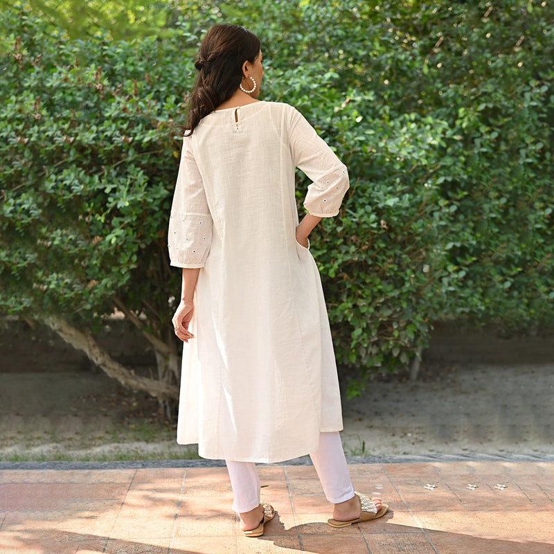 Cotton A-Line Dress for Women | Full Sleeves | White