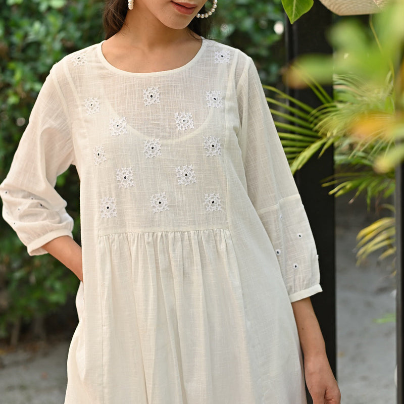 Cotton A-Line Dress for Women | Full Sleeves | White