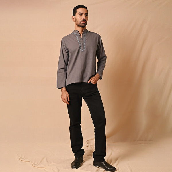 Cotton Short Kurta for Men | Chikankari Neckline | Grey
