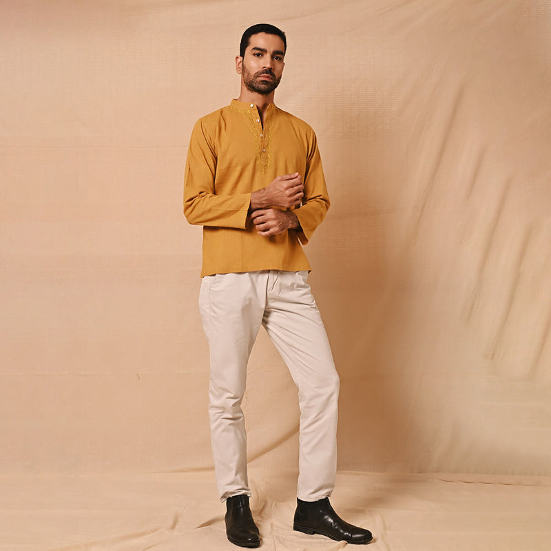 Cotton Short Kurta for Men | Chikankari Neckline | Mustard