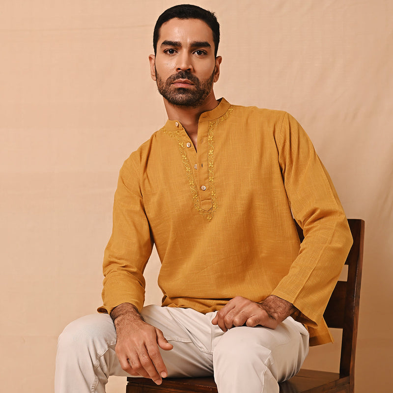 Cotton Short Kurta for Men | Chikankari Neckline | Mustard