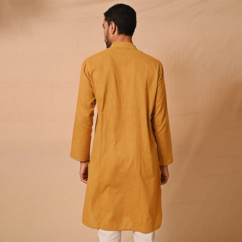 Cotton Kurta for Men | Chikankari Neckline | Mustard