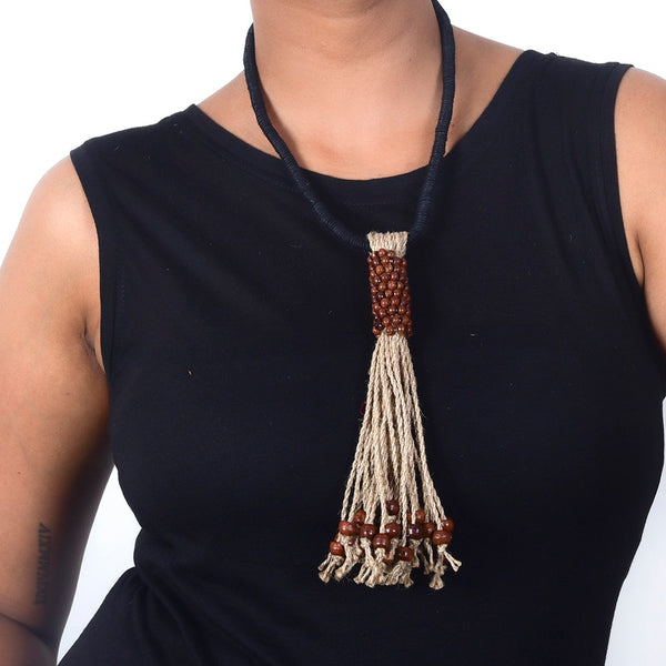 Jute Necklace For Women | Wooden Beads | Jute String | Beige