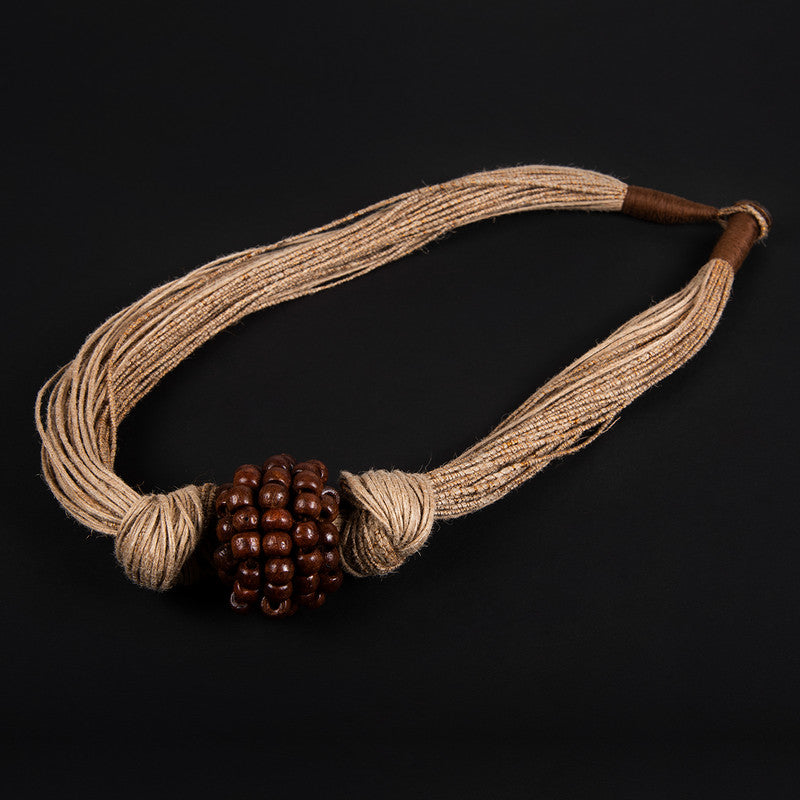 Cotton Necklace | Wooden Beads | Jute String | Beige | 32 cm