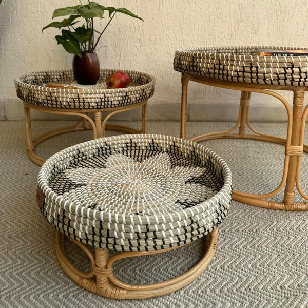 Sea Grass & Cane Storage Tray | Round Shape | Grey | Set of 3