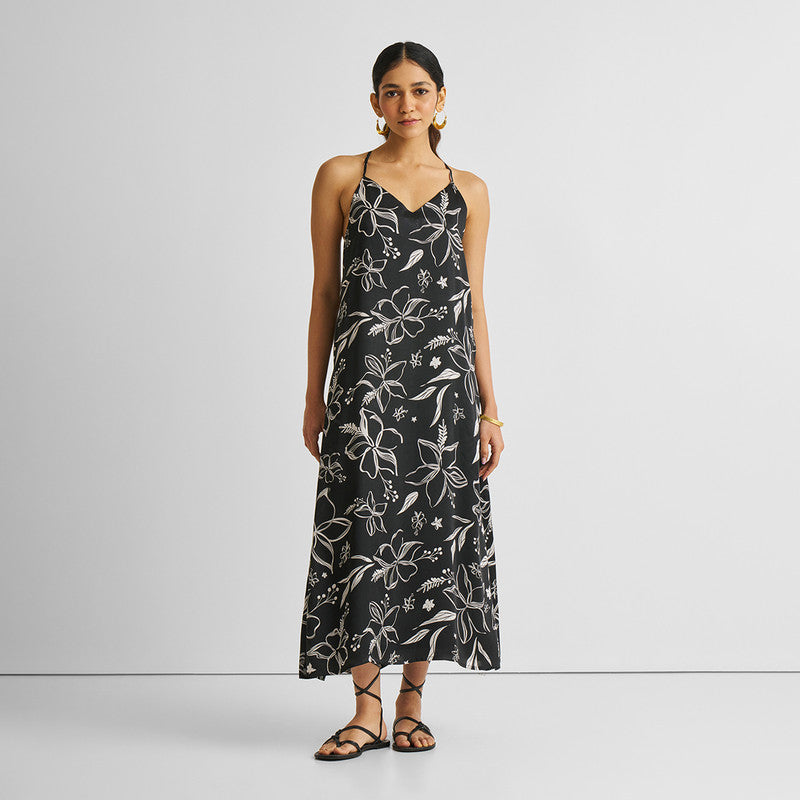 Black Midi Slip Dress for Women | Bemberg | Floral Print