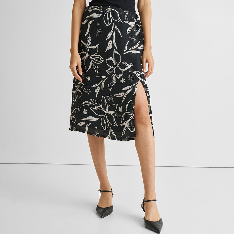 Black Slit Skirt for Women | Bemberg | Floral Print