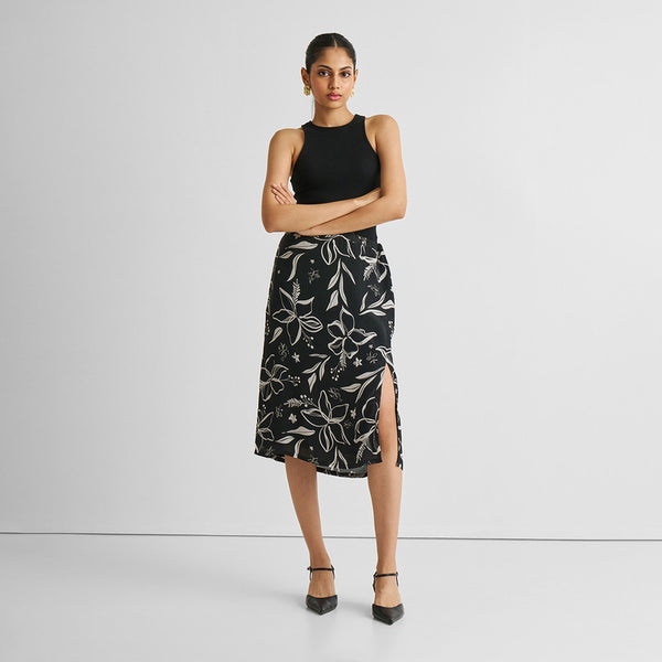 Black Slit Skirt for Women | Bemberg | Floral Print