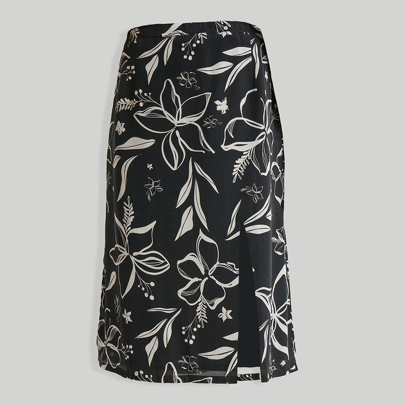 Black Slit Skirt for Women | Bemberg | Floral Print