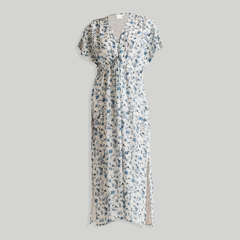 Gathered Maxi Dress for Women | Floral | White & Blue