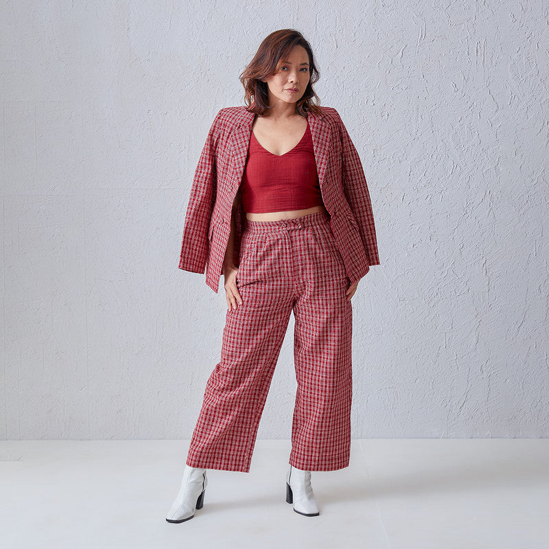 3 Piece Co Ord Set | Cotton Blazer Top & Trouser | Checkered | Red