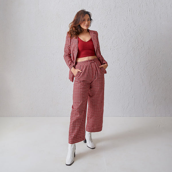 3 Piece Co Ord Set | Cotton Blazer Top & Trouser | Checkered | Red