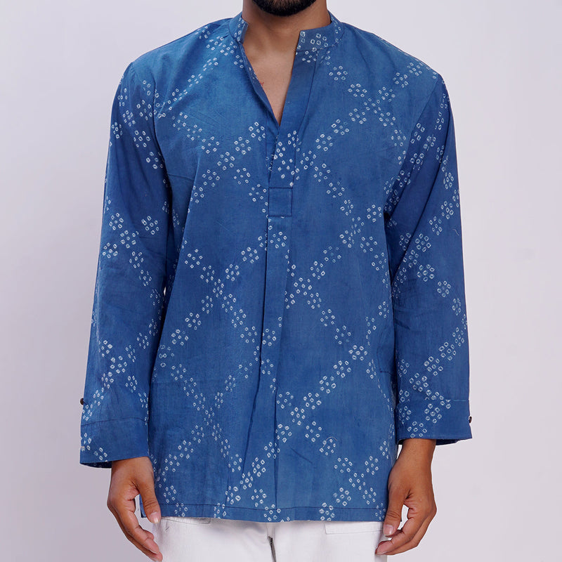 Cotton Kurta For Men | Bandhani Print | Criss-Cross Pattern | Indigo