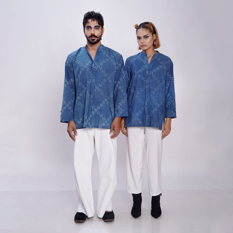 Cotton Kurta For Men | Bandhani Print | Criss-Cross Pattern | Indigo