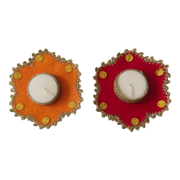 Upcycled Felt Tea Light Candle | Flower Shape | Red & Orange | 10 cm
