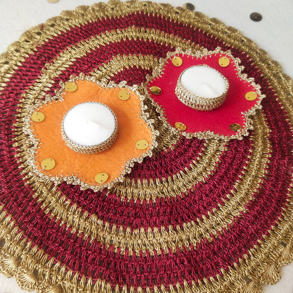 Upcycled Felt Tea Light Candle | Flower Shape | Red & Orange | 10 cm