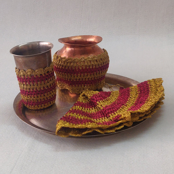 Crochet Karwa Pooja Thali Cover Set | Red & Gold | Set Of 3