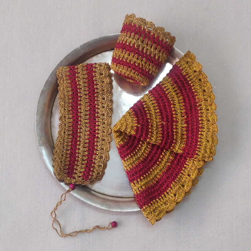 Crochet Karwa Pooja Thali Cover Set | Red & Gold | Set Of 3