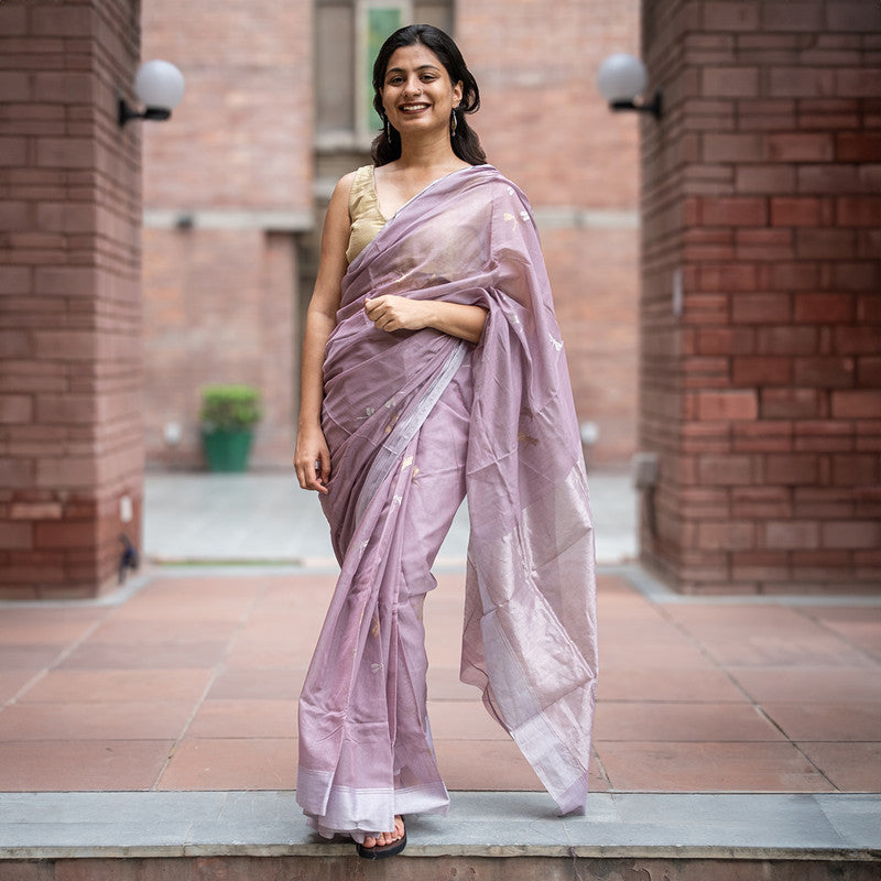 Chanderi Silk Saree with Blouse | Mauve | Dragonflies