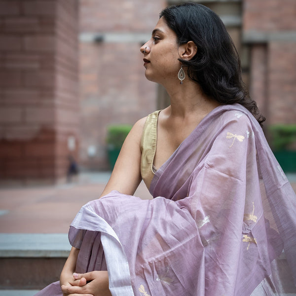 Chanderi Silk Saree with Blouse | Mauve | Dragonflies