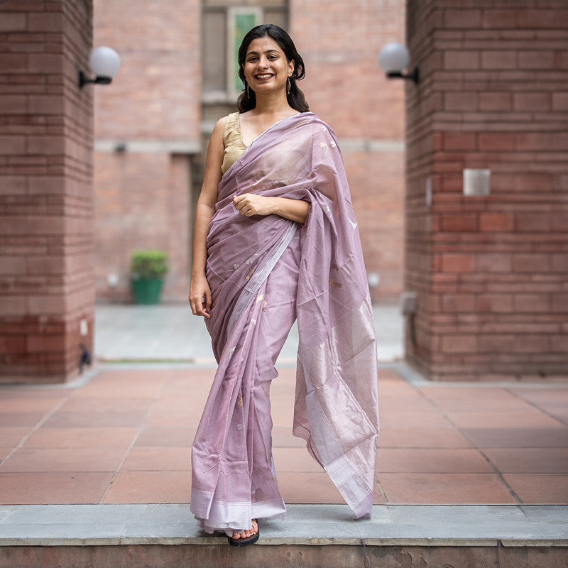 Chanderi Silk Saree with Blouse | Mauve | Dragonflies