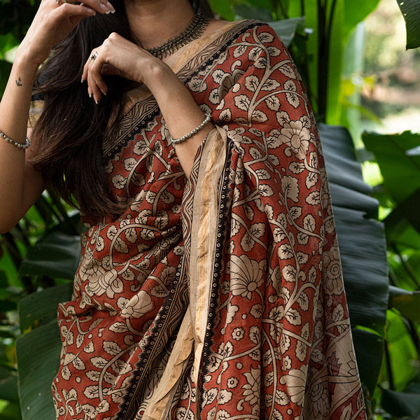 Chanderi Silk Kalamkari Saree with Blouse Piece | Deep Red