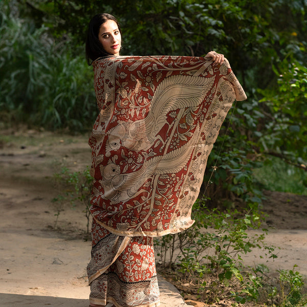 Chanderi Silk Kalamkari Saree with Blouse Piece | Deep Red
