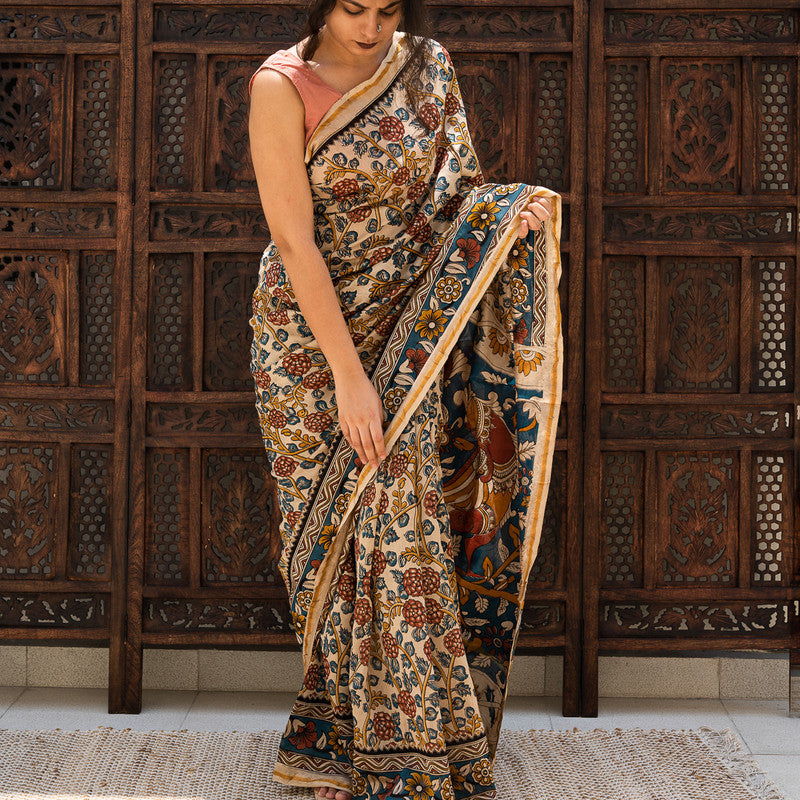 Chanderi Silk Printed Saree with Blouse | Floral Print | Beige