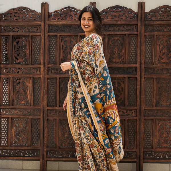 Chanderi Silk Printed Saree with Blouse | Floral Print | Beige