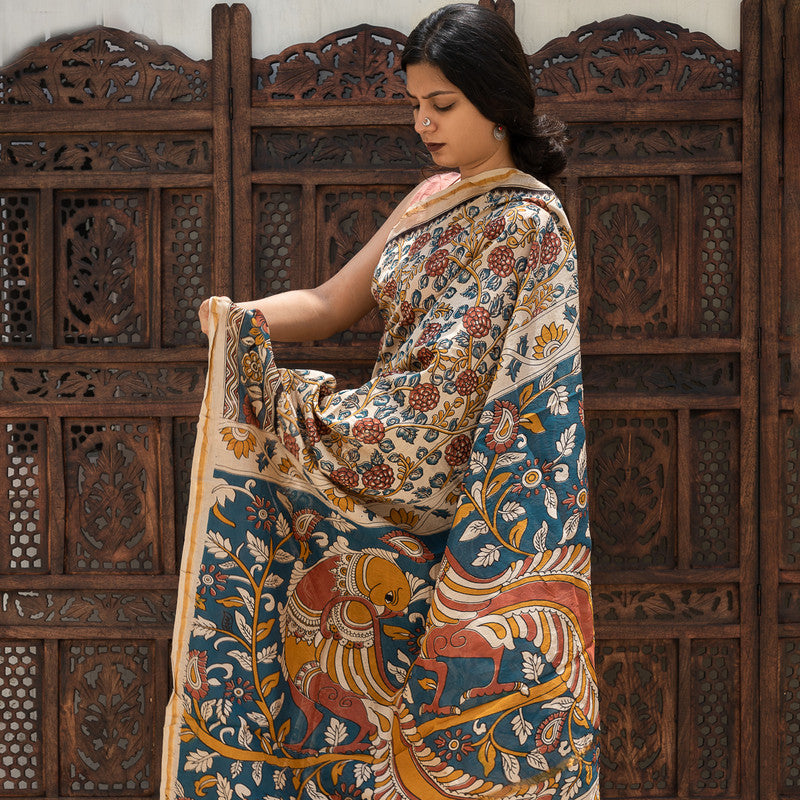 Chanderi Silk Printed Saree with Blouse | Floral Print | Beige