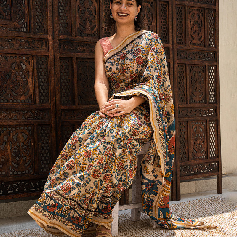 Chanderi Silk Printed Saree with Blouse | Floral Print | Beige