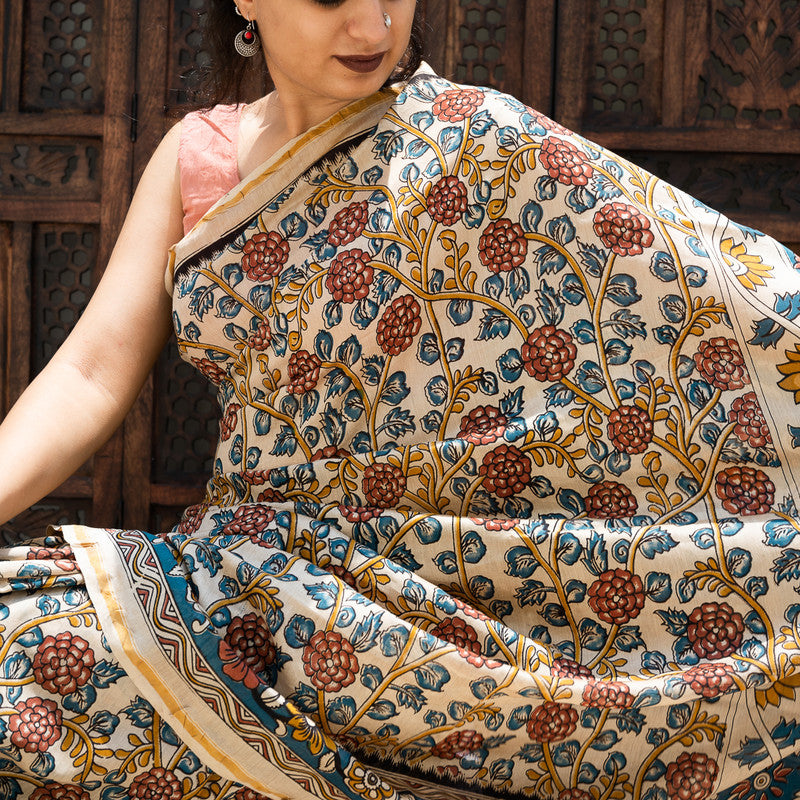 Chanderi Silk Printed Saree with Blouse | Floral Print | Beige