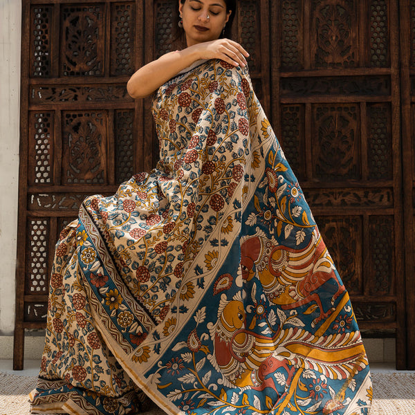 Chanderi Silk Printed Saree with Blouse | Floral Print | Beige