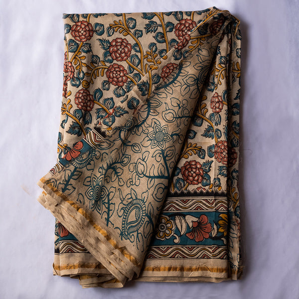 Chanderi Silk Printed Saree with Blouse | Floral Print | Beige